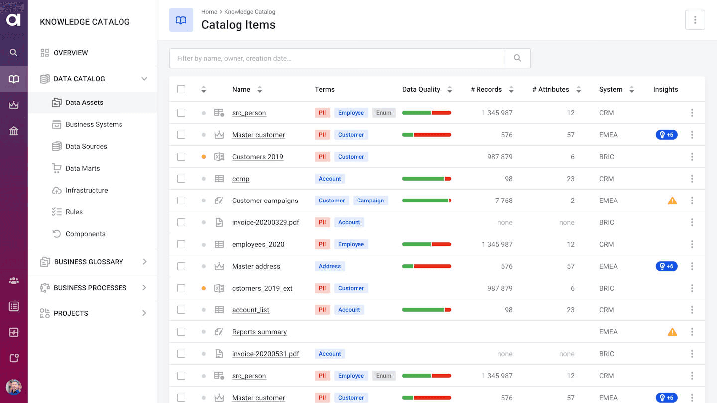 Ataccama’s catalog view shows data assets with quality scores, record counts, and associated systems.