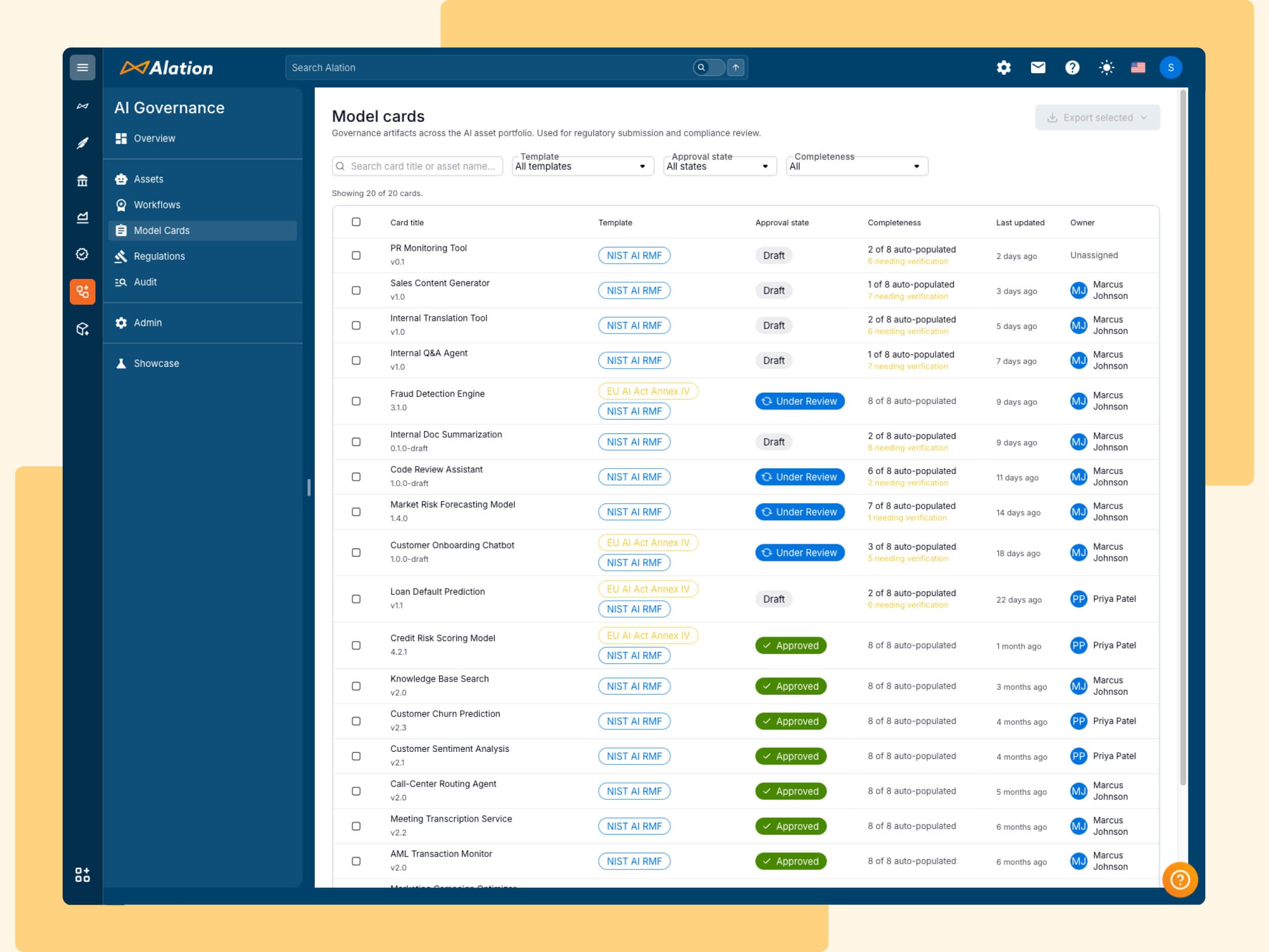 Alation AI Governance dashboard showing a list of model cards with approval states, templates, and completeness metrics.