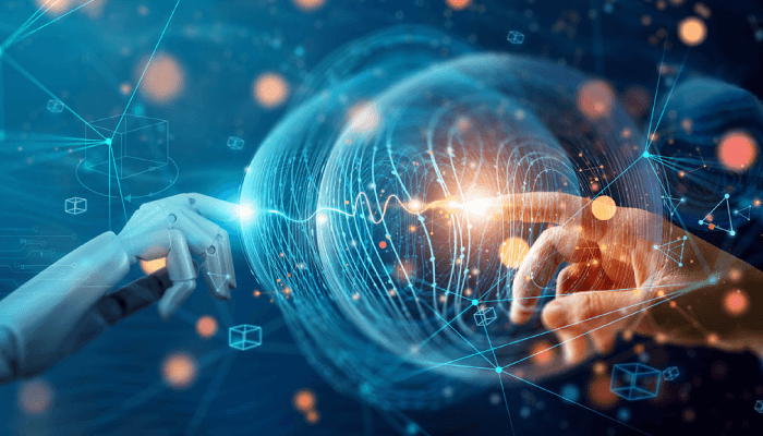 Alation Blog Image: A robotic hand reaches for a human hand in a way to reflect the connection between humans and AI.