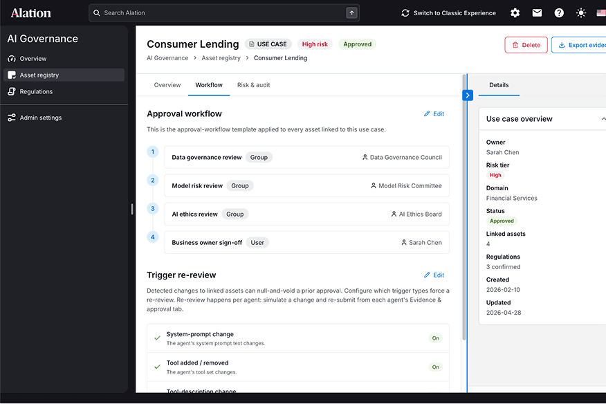 Alation AI Governance dashboard showing Consumer Lending use case with approval workflow steps and trigger re-review settings.