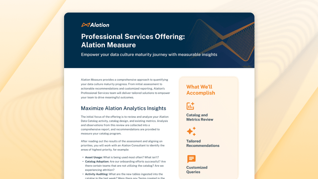 Alation Measure service overview with data culture maturity assessment and analytics insights on a yellow background.