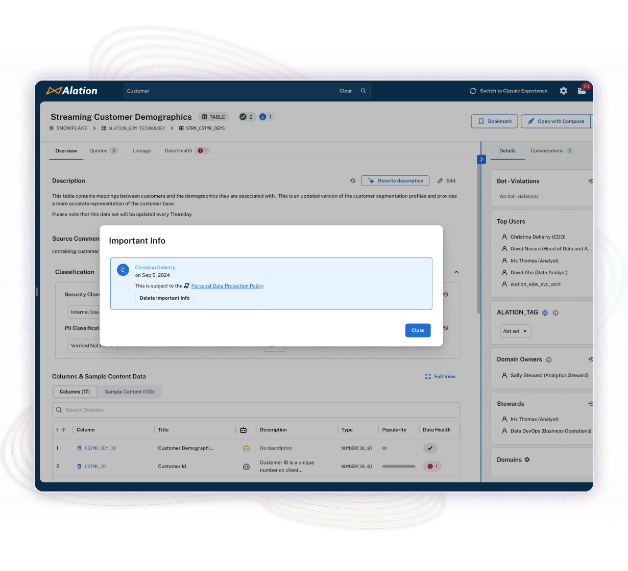Product image of Alation's Data Governance product with overlay of compliance note