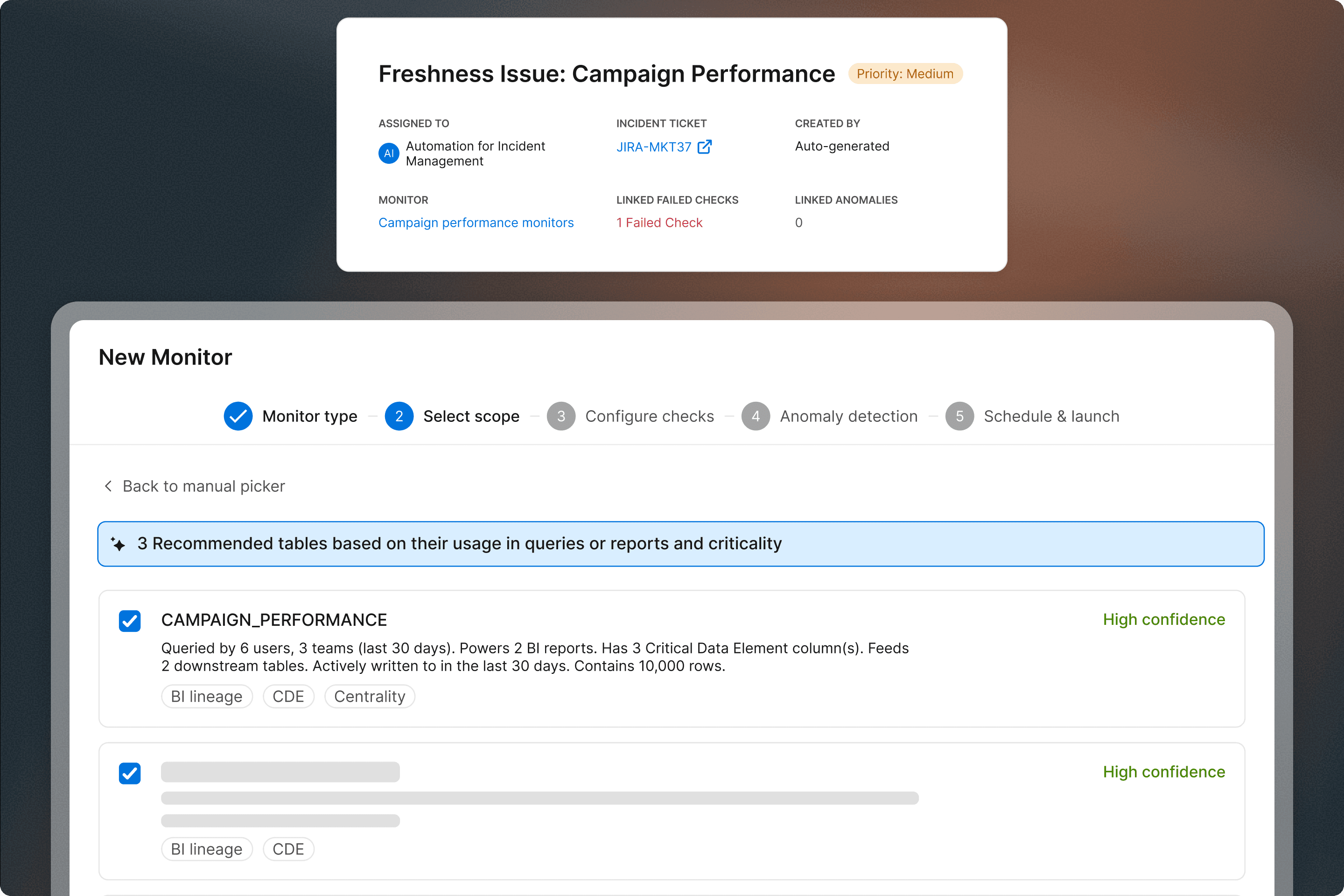 UI showing a "Freshness Issue: Campaign Performance" alert and a "New Monitor" setup wizard with recommended tables selected.