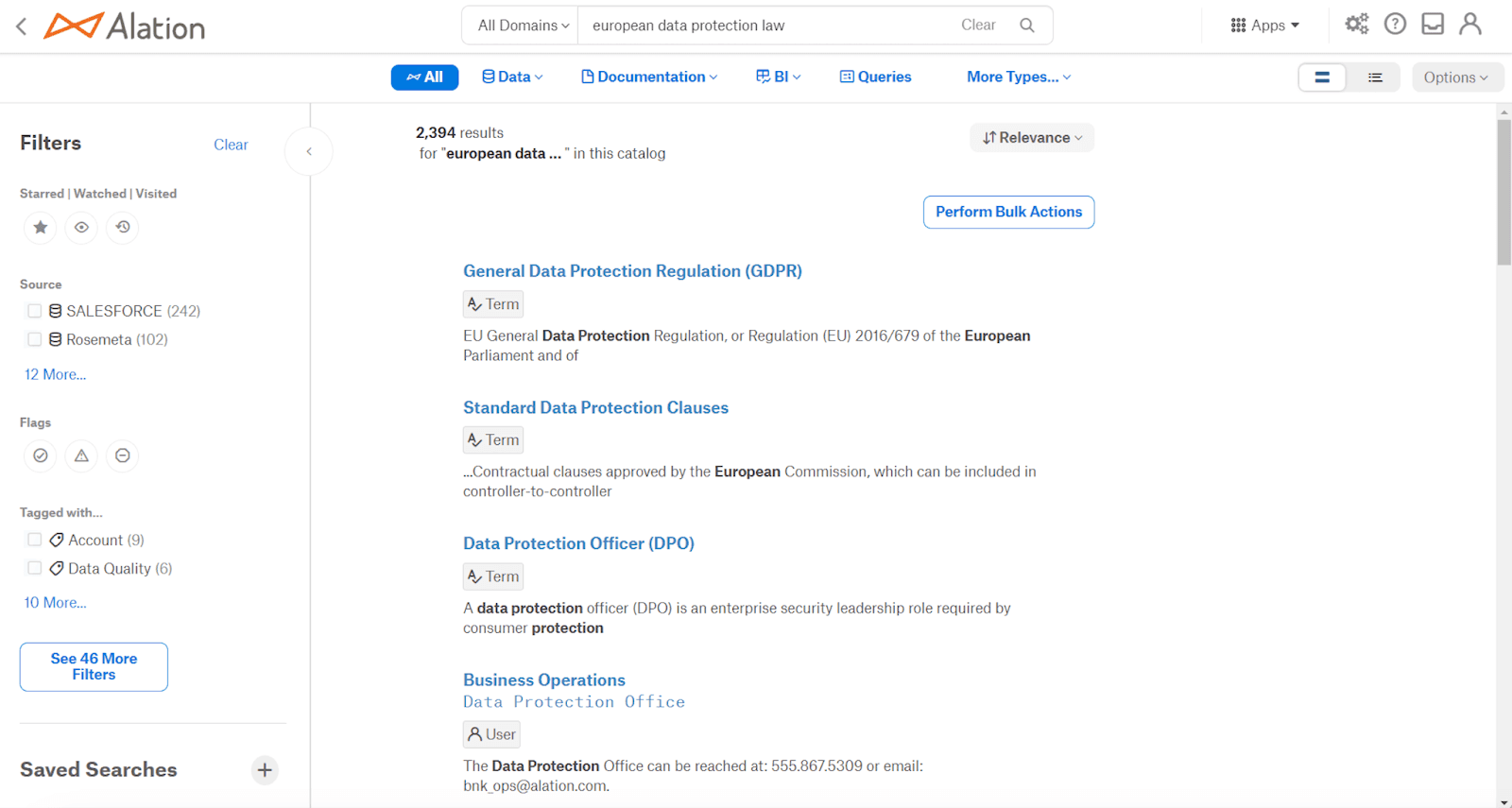 An example of Alation’s Intelligent Search interpreting the context of the inputted terms “European data protection law.”