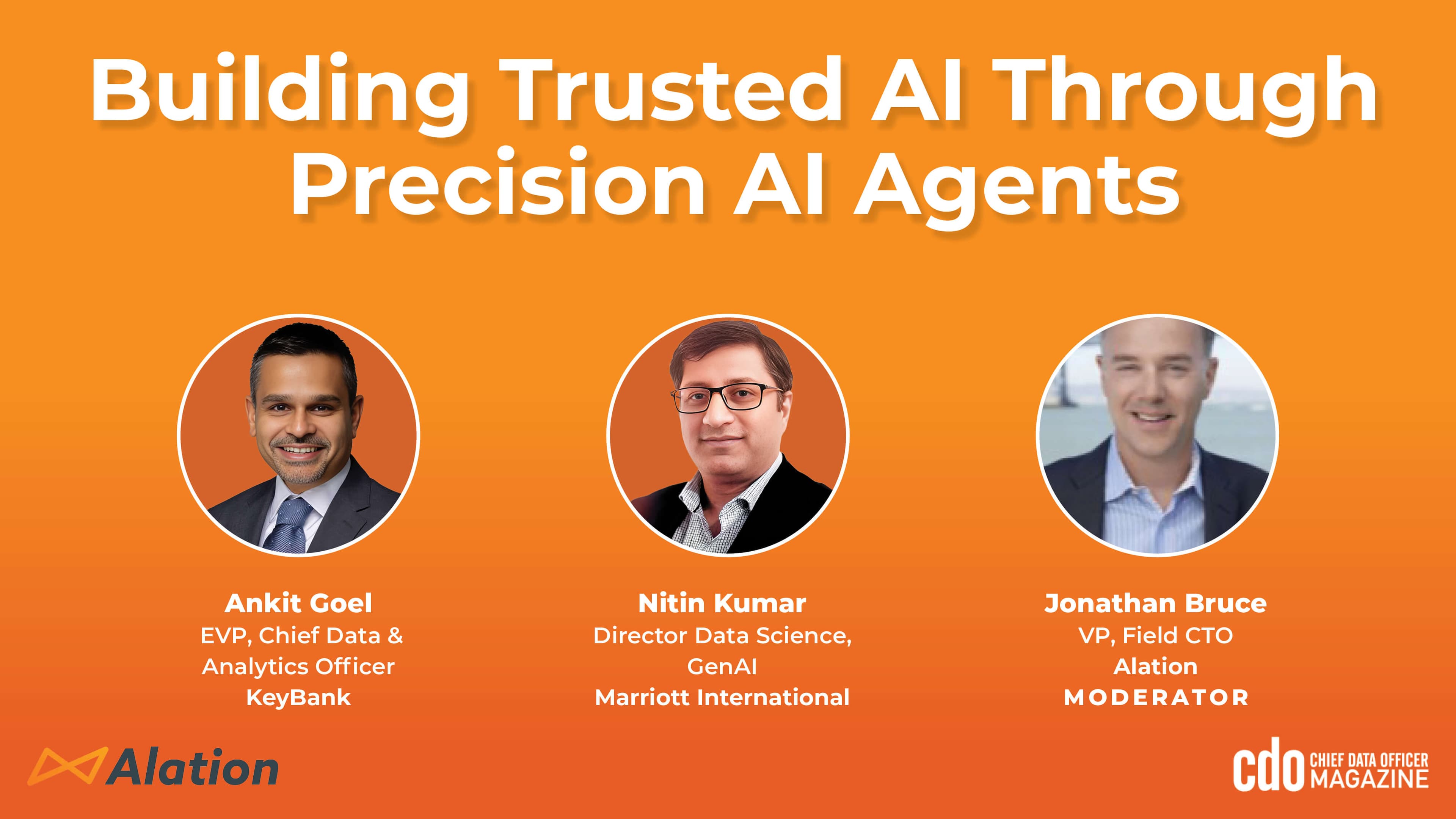 Webinar banner promoting Alation's webinar with CDO Magazine, featuring speakers from KeyBank and Marriott: Building Trusted AI Through Precision AI Agents