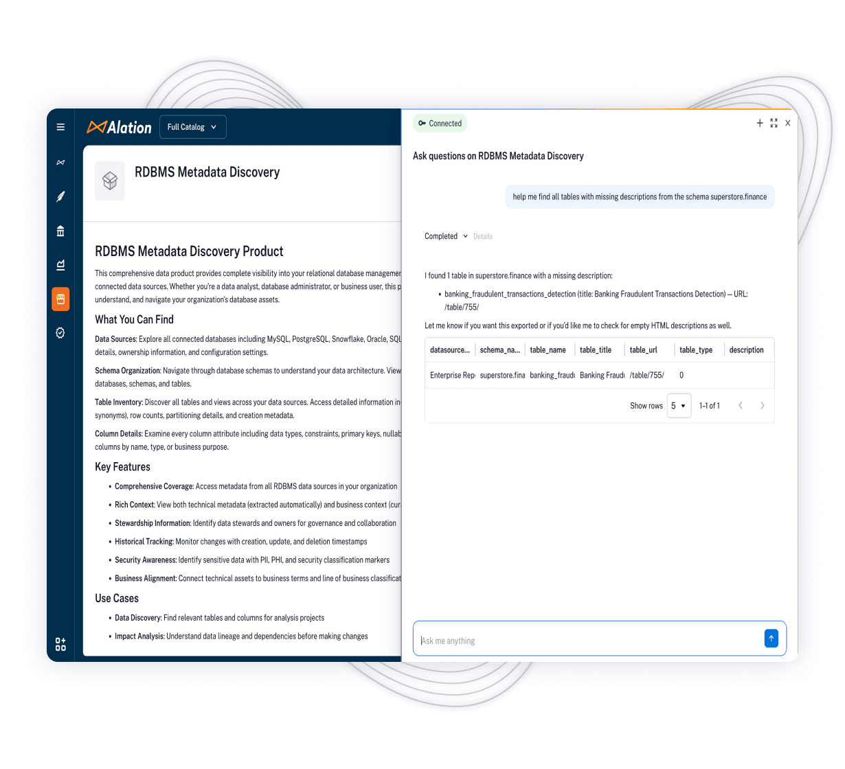 Alation RDBMS Metadata Discovery interface showing product features and a query result for tables with missing descriptions.