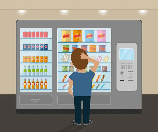 Man scratching his head in front of a vending machine trying to figure out which snack to purchase
