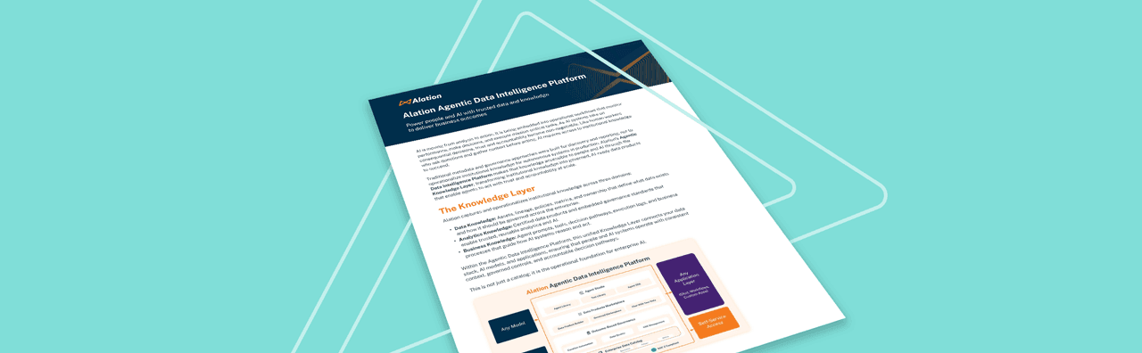 Alation Avenire Data Intelligence Platform brochure displayed on a light teal background with product information and diagrams.