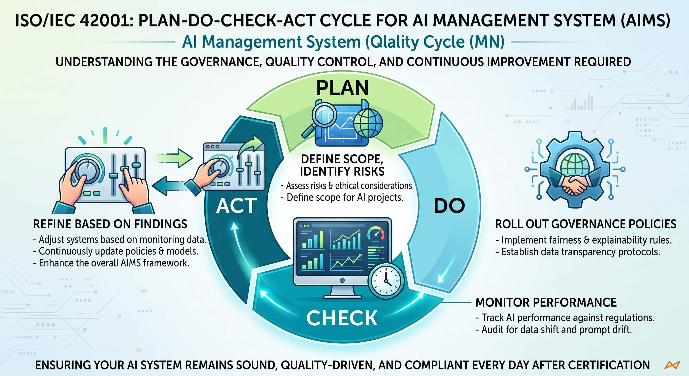 Diagram of the Plan-Do-Check-Act cycle underlying ISO 42001, showing four connected stages: Plan, Do, Check, and Act
