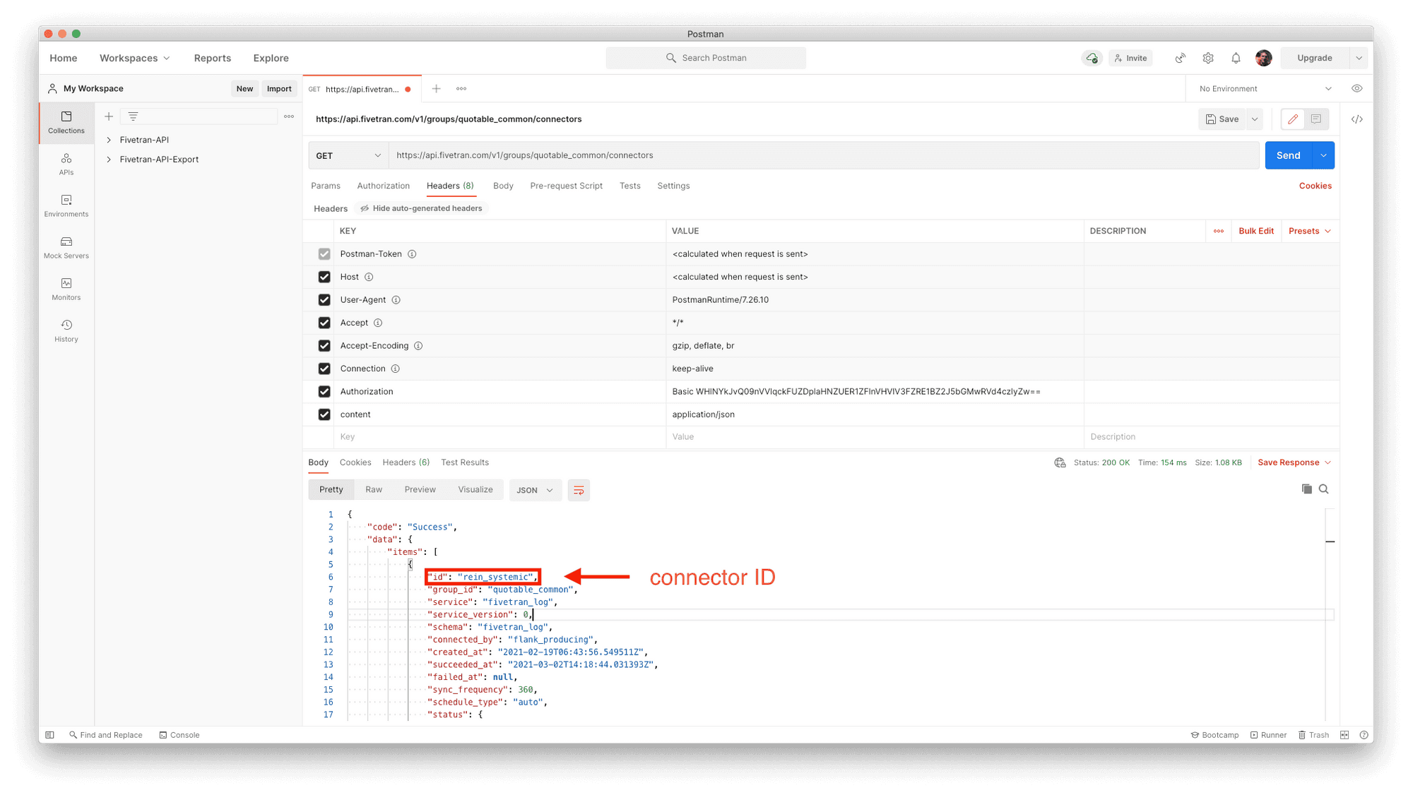 Fivetran’s API response shows the connector ID.