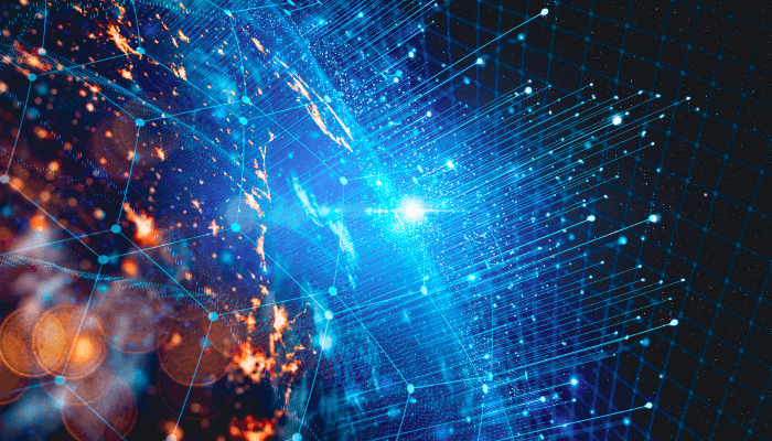 Alation Blog Image: View of a galaxy with interconnected blue and orange dots from outer space.