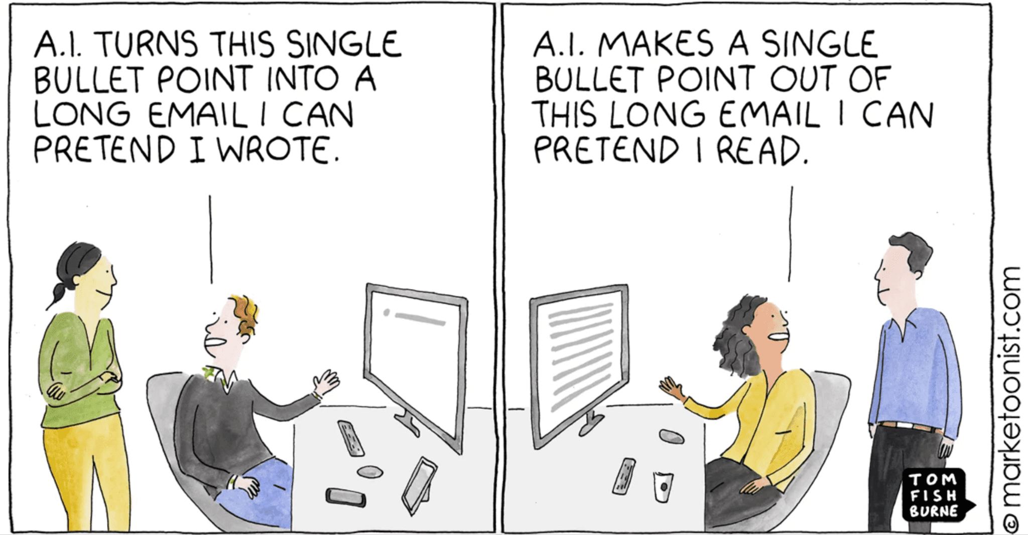 A two-panel cartoon humorously showing office workers using AI to expand bullet points into emails and summarize long emails into bullet points.