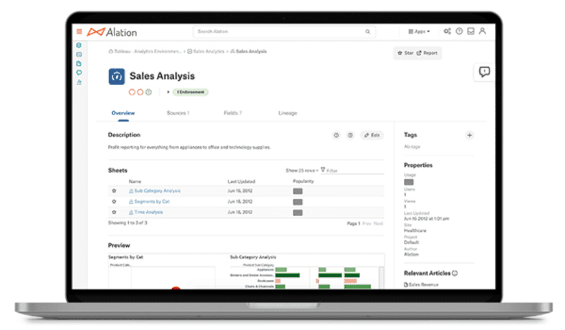 Opened laptop showcasing the Alation Data Catalog and how you can see your business' sales analysis