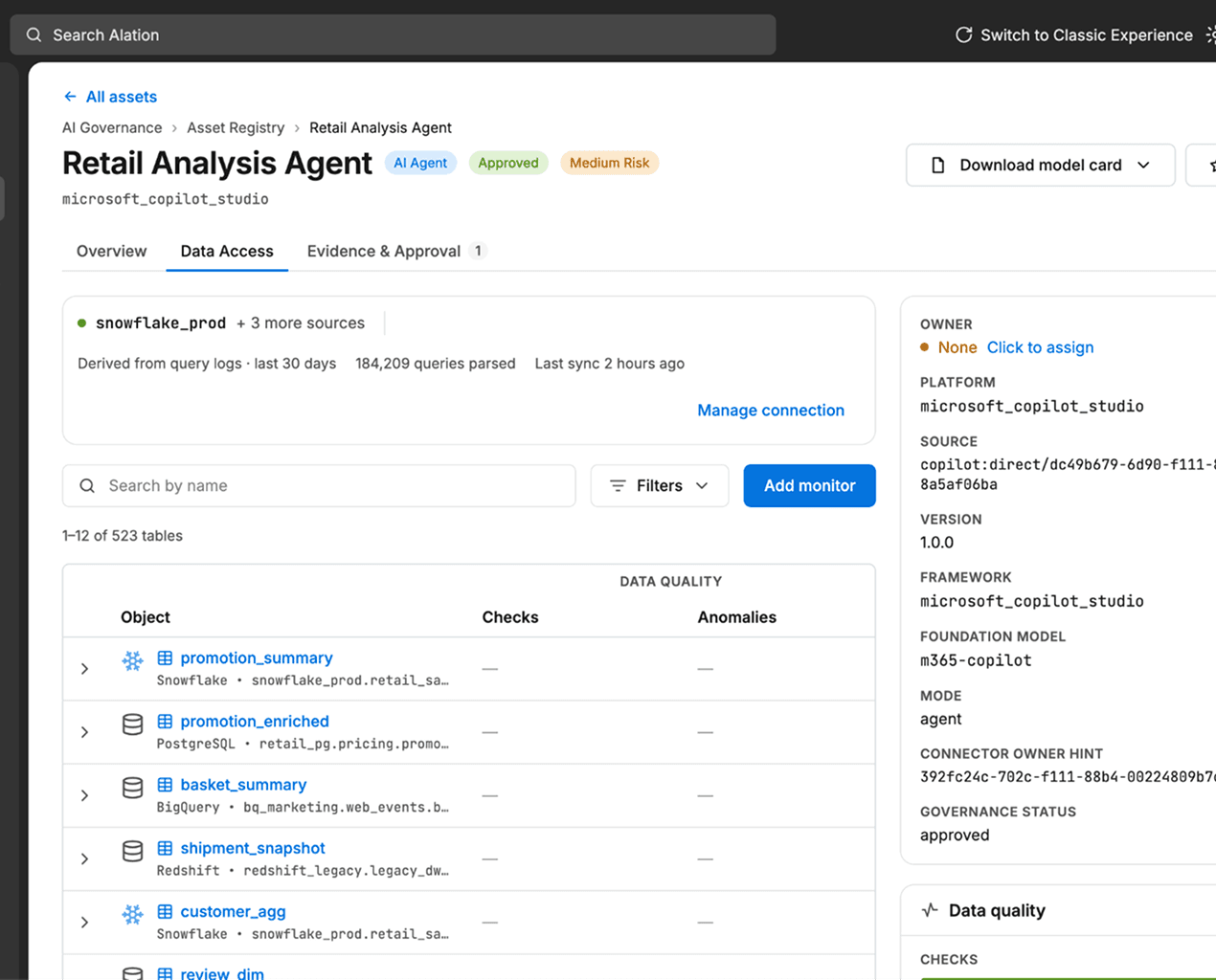 Alation UI showing the Retail Analysis Agent page with Data Access tab, listing tables and data quality metrics.