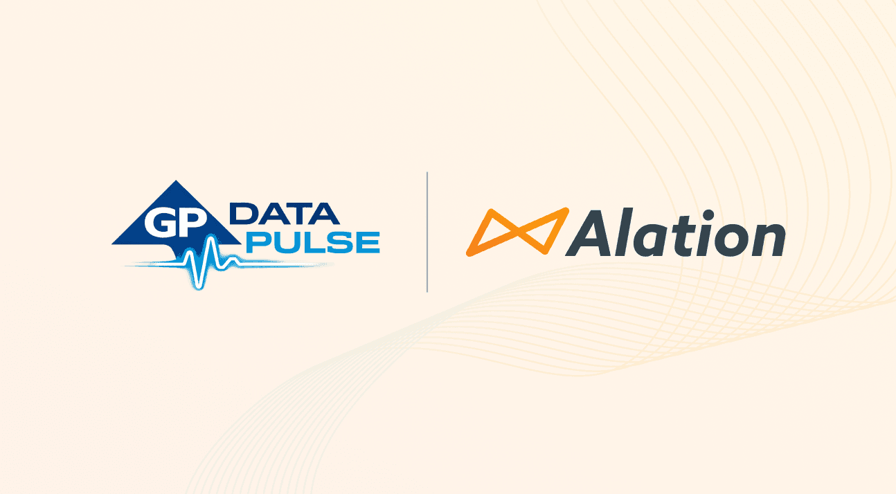 GP Data Pulse and Alation logos side by side on a light beige background, separated by a vertical line.