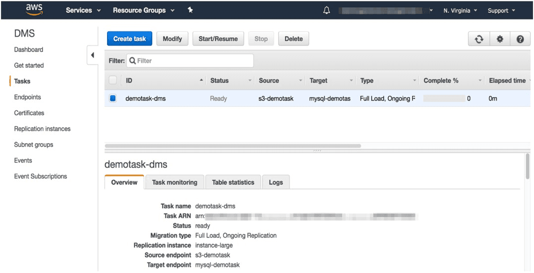 Task creation within the AWS DMS console