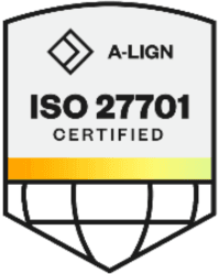A-LIGN ISO 27701 Certified badge with a shield shape, globe icon, and colorful stripe at the bottom.