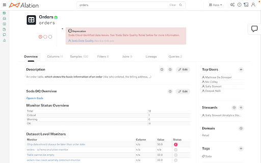 Alation's Data Catalog displaying how Soda embeds data quality features.