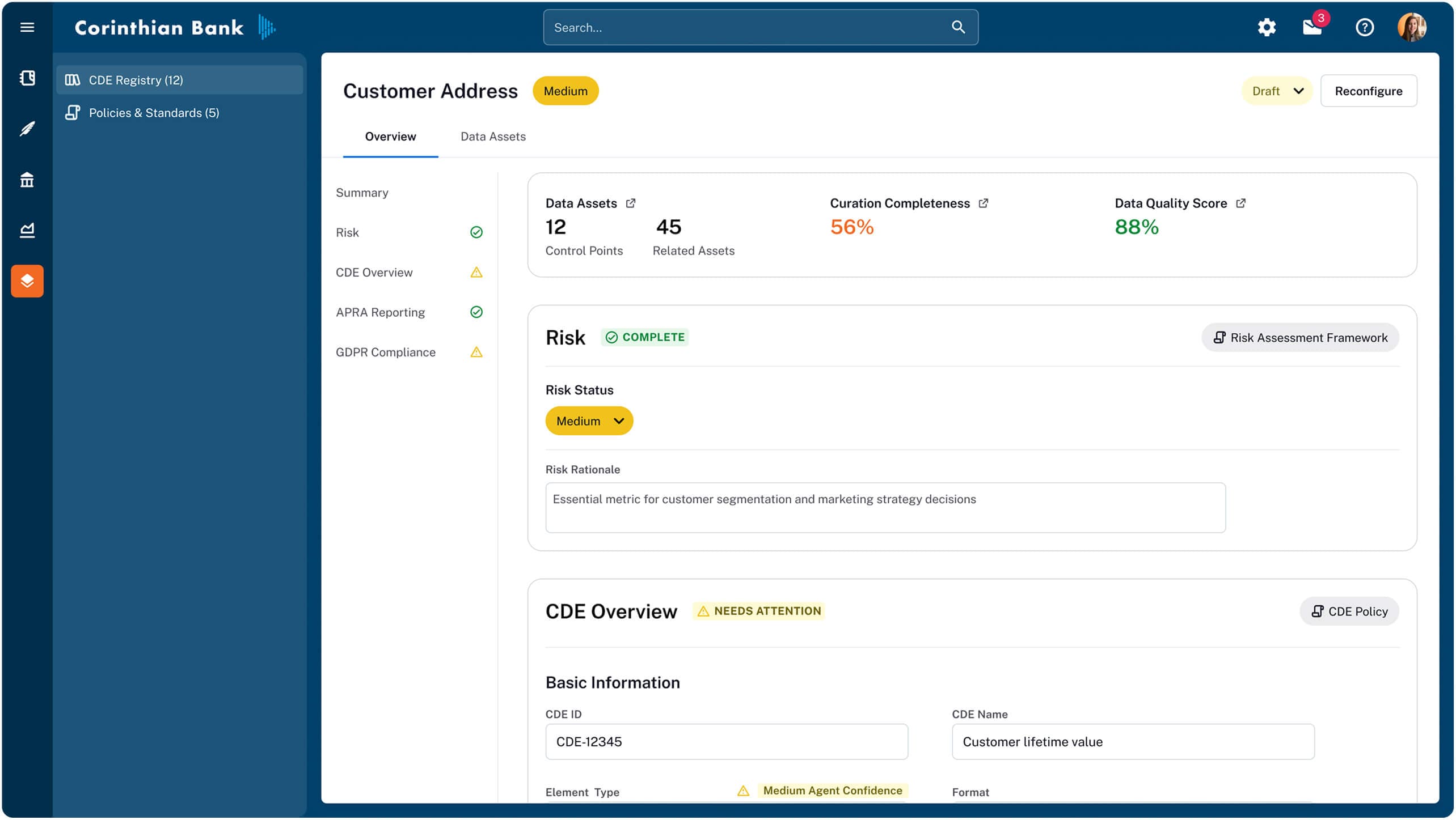 Corinthian Bank dashboard showing customer address data with risk assessment metrics and CDE overview at medium risk level.