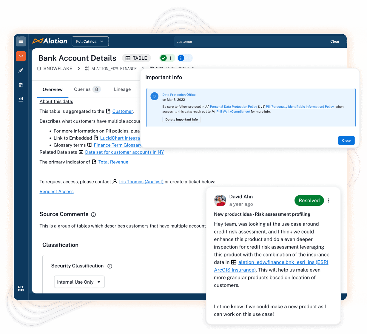 Product image of the Alation data catalog showing bank details