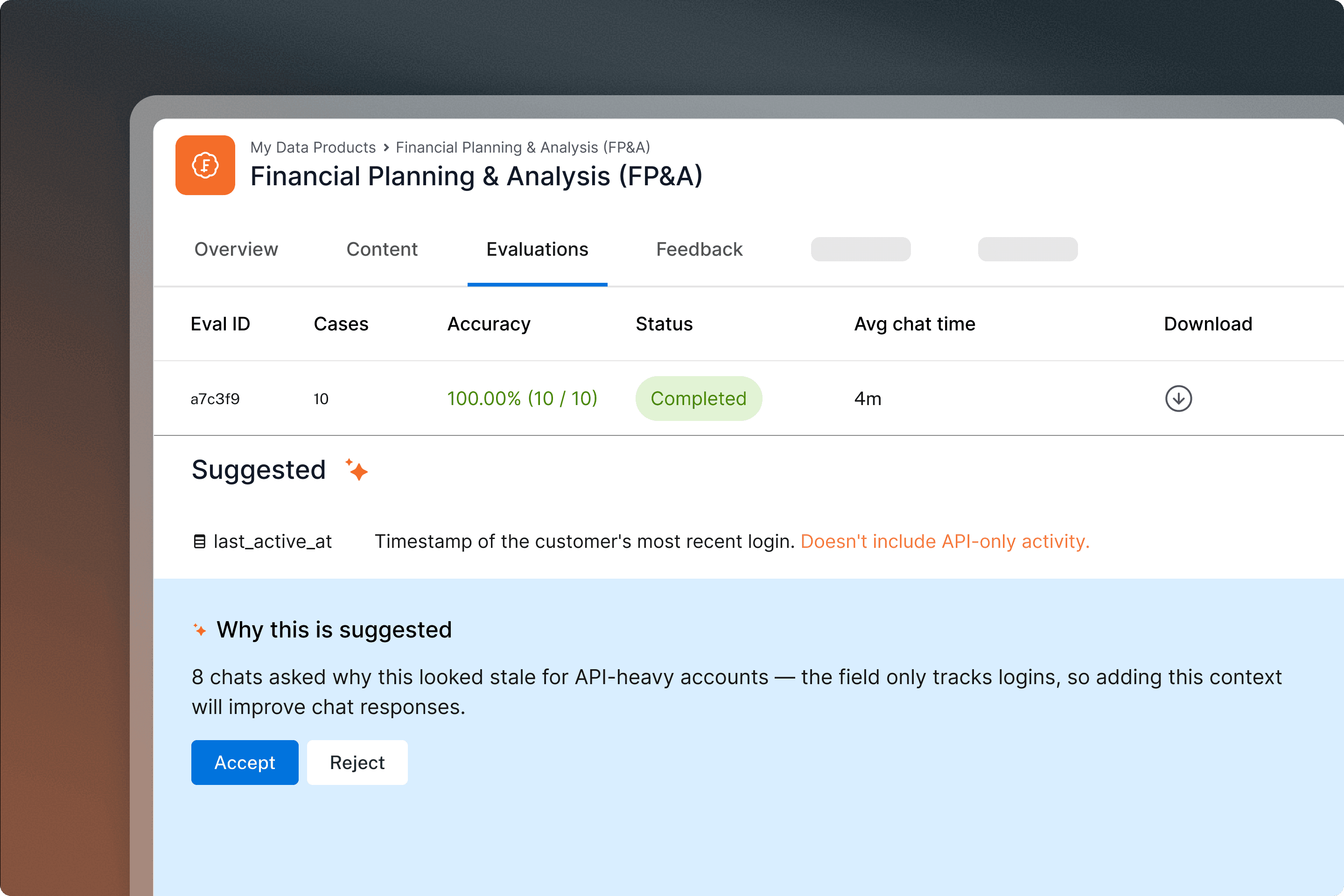 FP&A data product UI showing Evaluations tab with 100% accuracy, Completed status, and a suggested content improvement panel.
