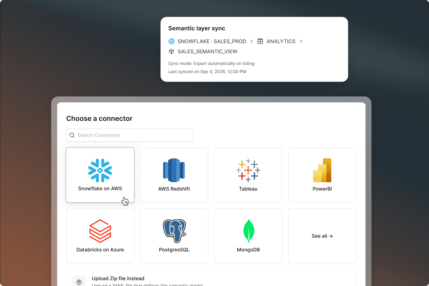 UI showing a semantic layer sync panel and a connector selection screen with options like Snowflake, Tableau, and MongoDB.