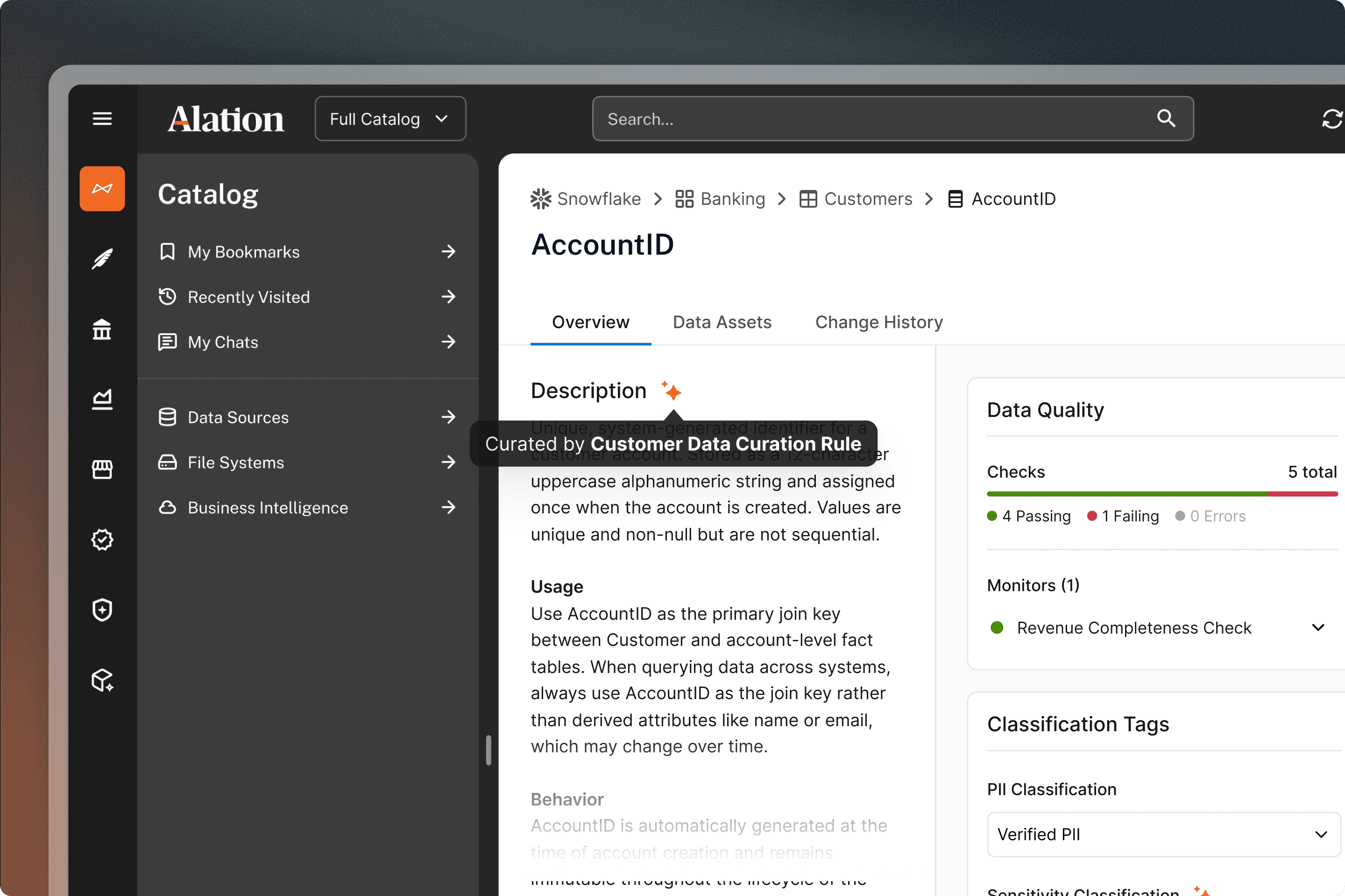 Alation data catalog UI showing an AccountID asset page with description, data quality checks, and classification tags.