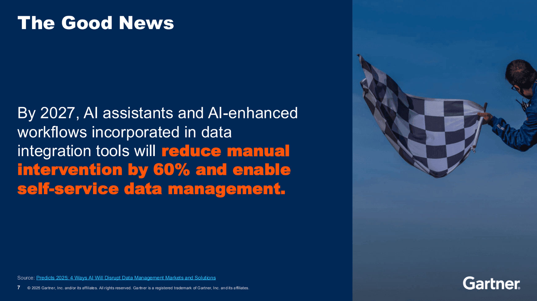 Gartner slide with text, "Gartner predicts that by 2027, AI-enhanced data integration tools will “reduce manual intervention by 60% and enable self-service data management"