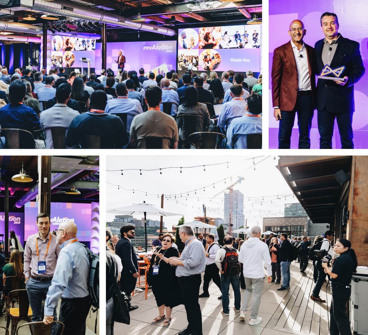 Collage of revAlation 2025 conference showing presentations, award ceremony, and networking events indoors and on a rooftop terrace.