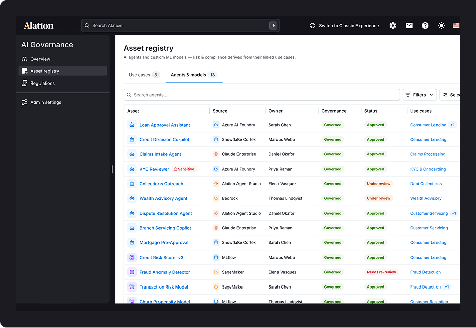 Alation AI Governance dashboard showing an asset registry list of AI agents and ML models with governance status and use cases.