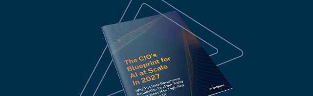 A dark blue book cover titled "The CIO's Blueprint for AI at Scale In 2027" displayed at an angle on a navy background.