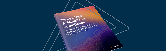 A colorful gradient booklet titled Three Steps To MindForge Compliance on a dark teal background with geometric shapes.