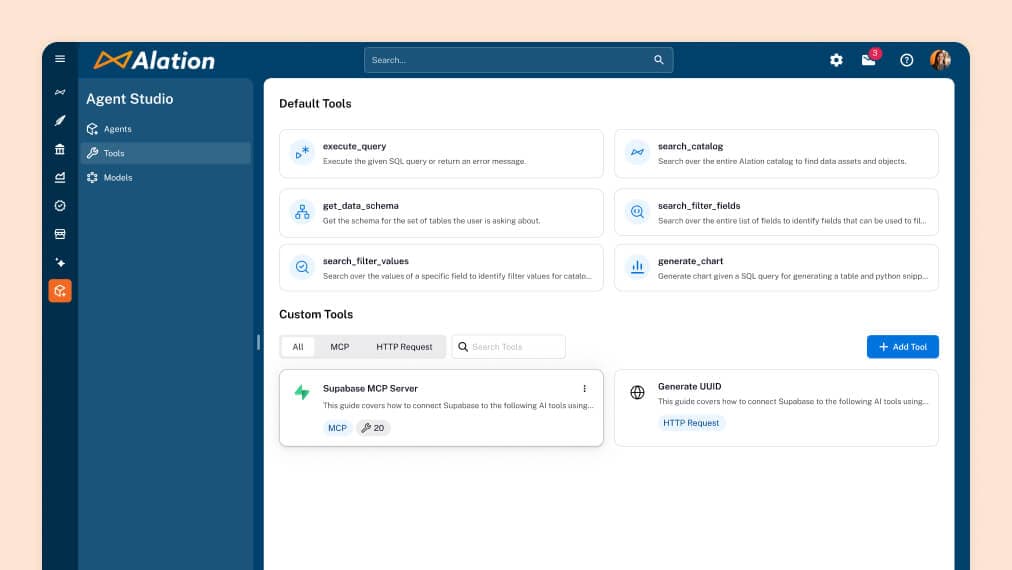 Alation Agent Studio interface showing default tools like execute_query and search_catalog, plus custom tools section.