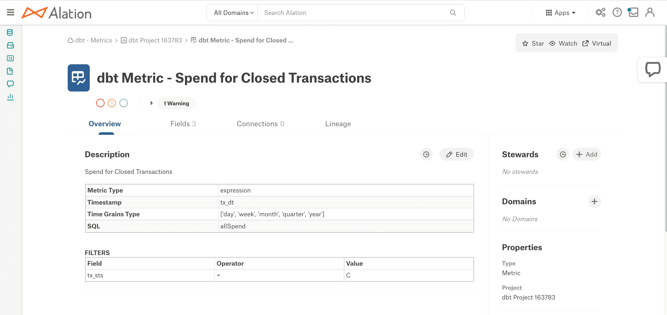  Alation Data Catalog showcasing dbt Metric - spend for closed transactions.