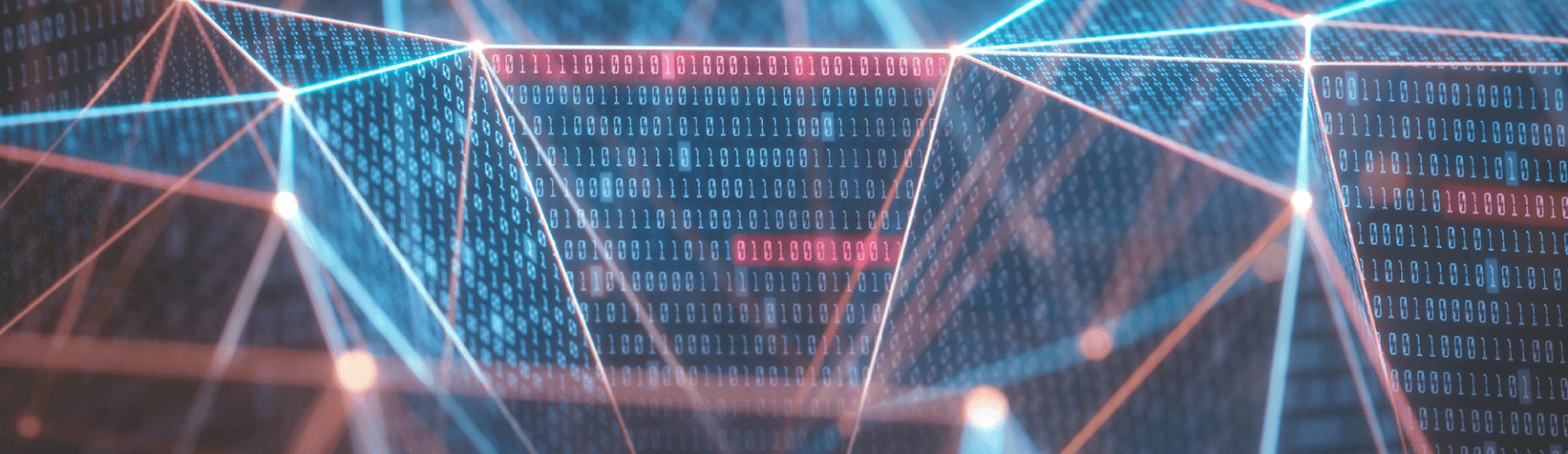 Futuristic interconnected glowly lines behind a wall of code