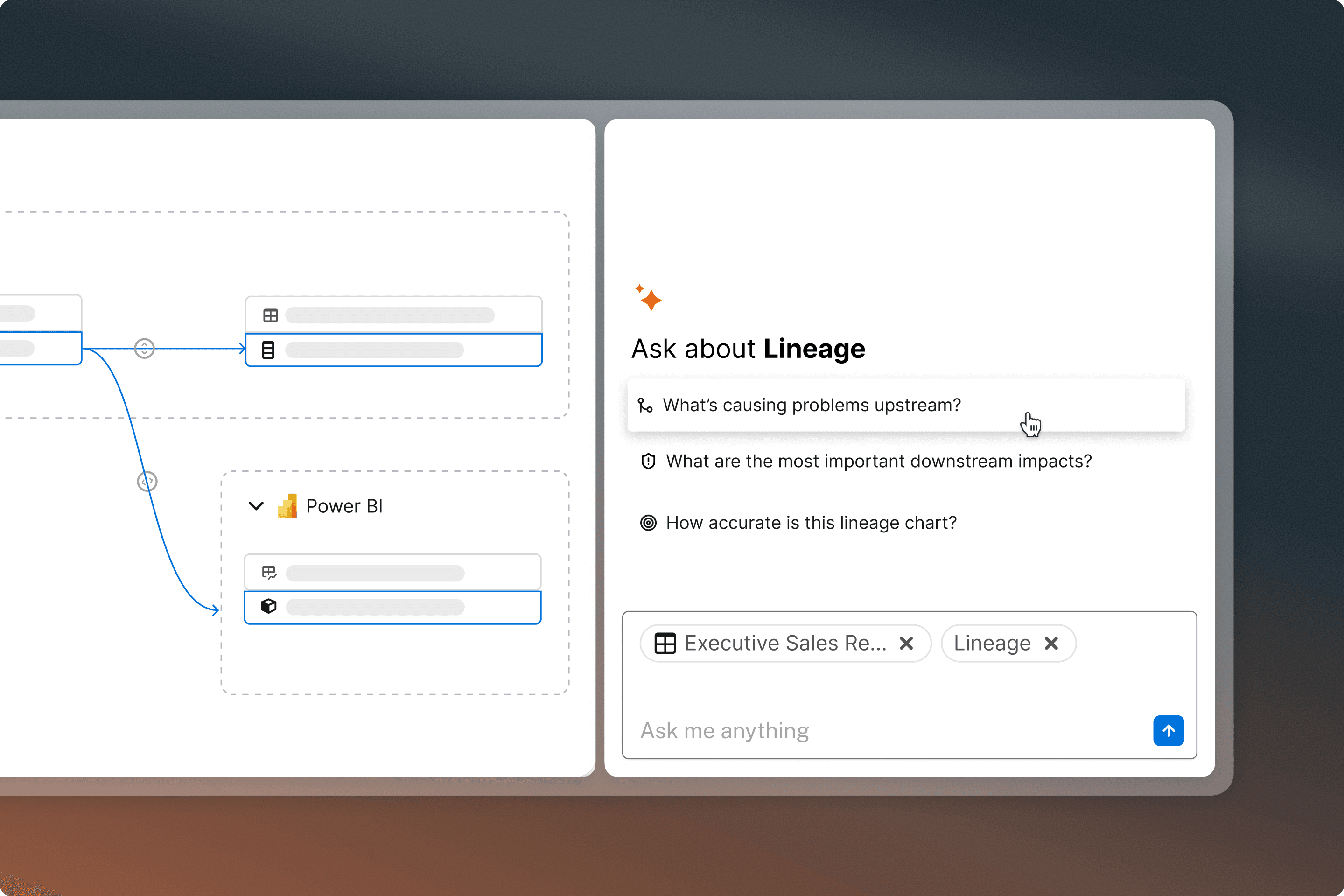 A data lineage diagram alongside an AI chat panel with suggested questions about upstream problems and downstream impacts.