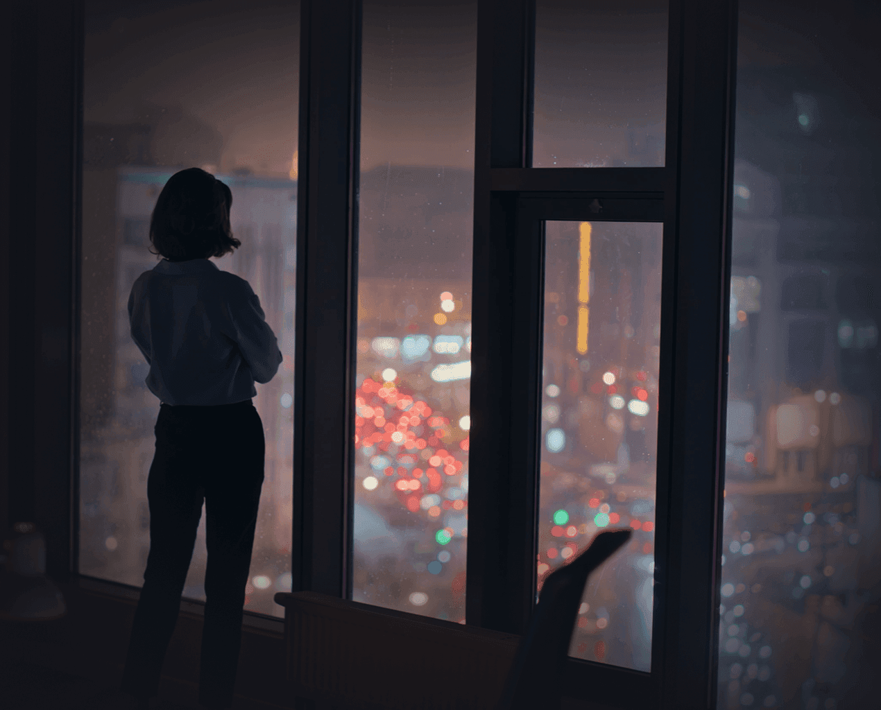 A woman's silhouette stands by large windows at night, gazing at a glowing city skyline with colorful bokeh lights below.