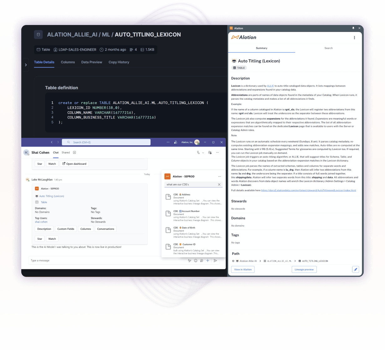 Alation interface showing Auto Titling Lexicon database table with SQL definition and documentation about abbreviation mapping functionality.