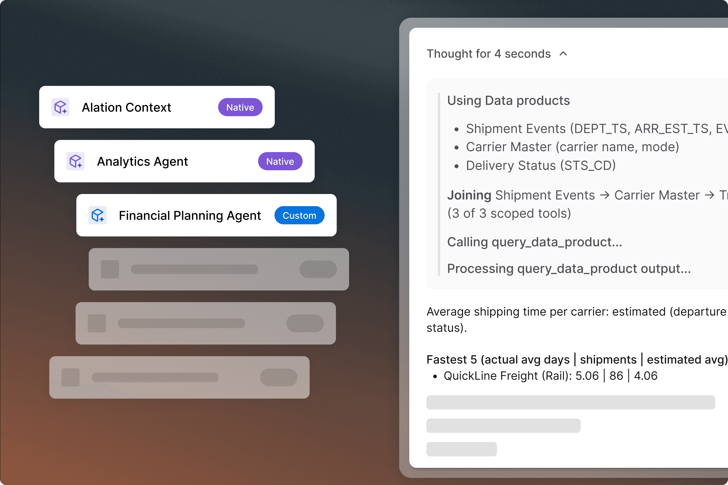 UI screenshot showing AI agents list on the left and a data query results panel on the right with shipping analytics.
