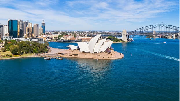 Aerial view of Sydney Harbor featuring the Opera House, Harbour Bridge, and city skyline under blue skies.