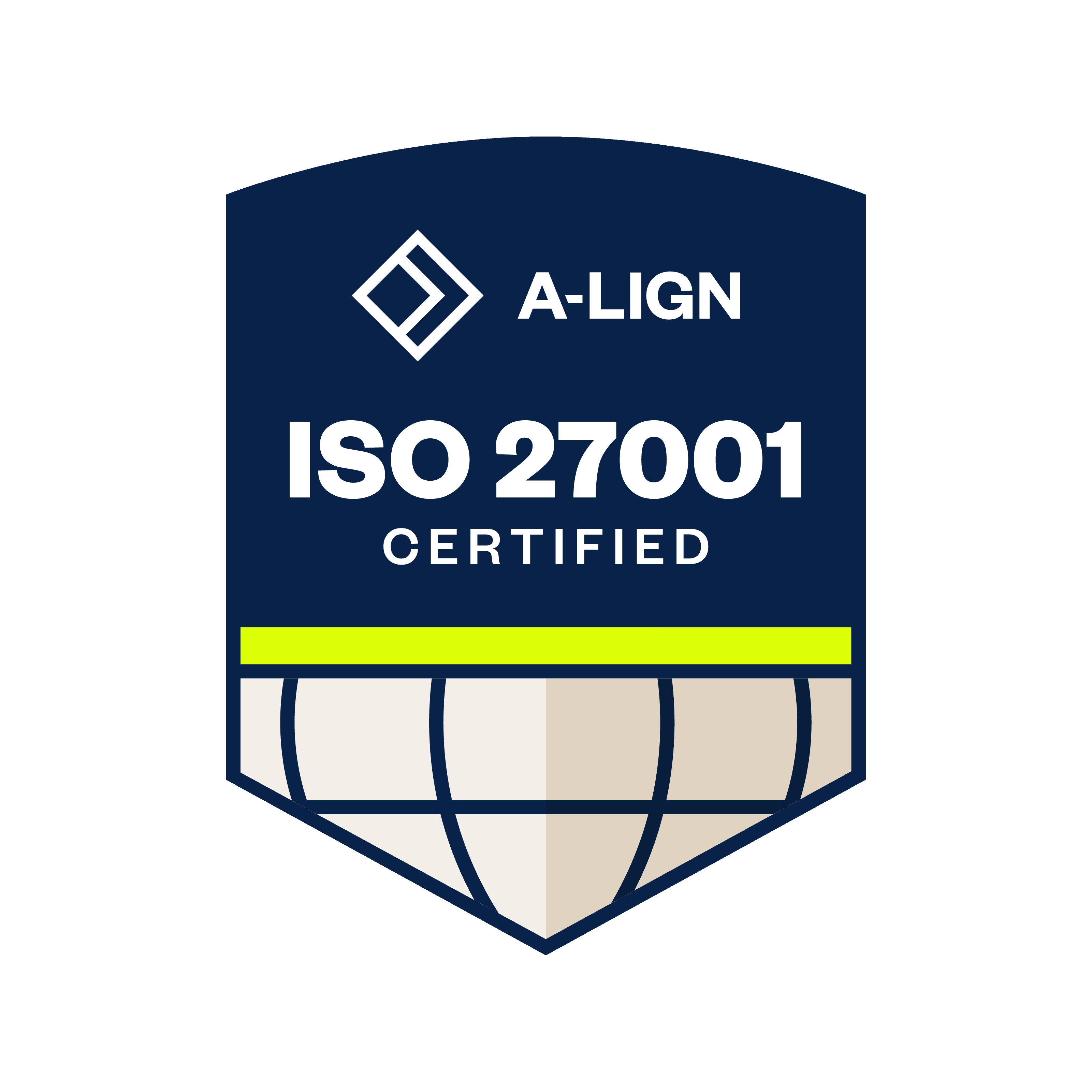 A-LIGN ISO 27001 Certified badge featuring a navy blue shield, globe graphic, and yellow accent stripe.