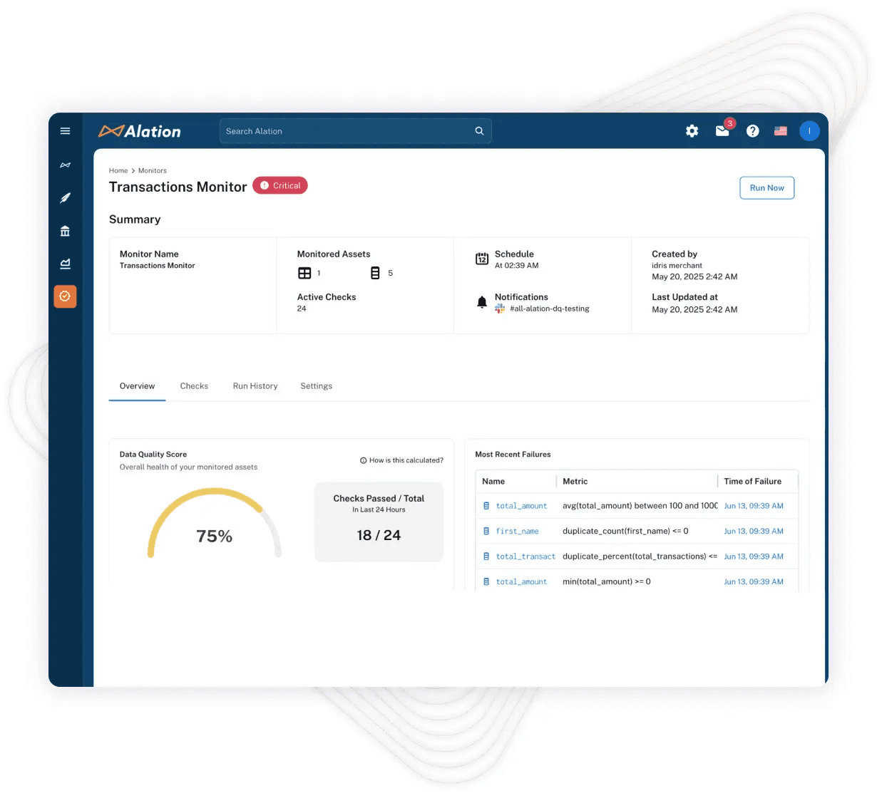 Alation Data Quality agent user interface