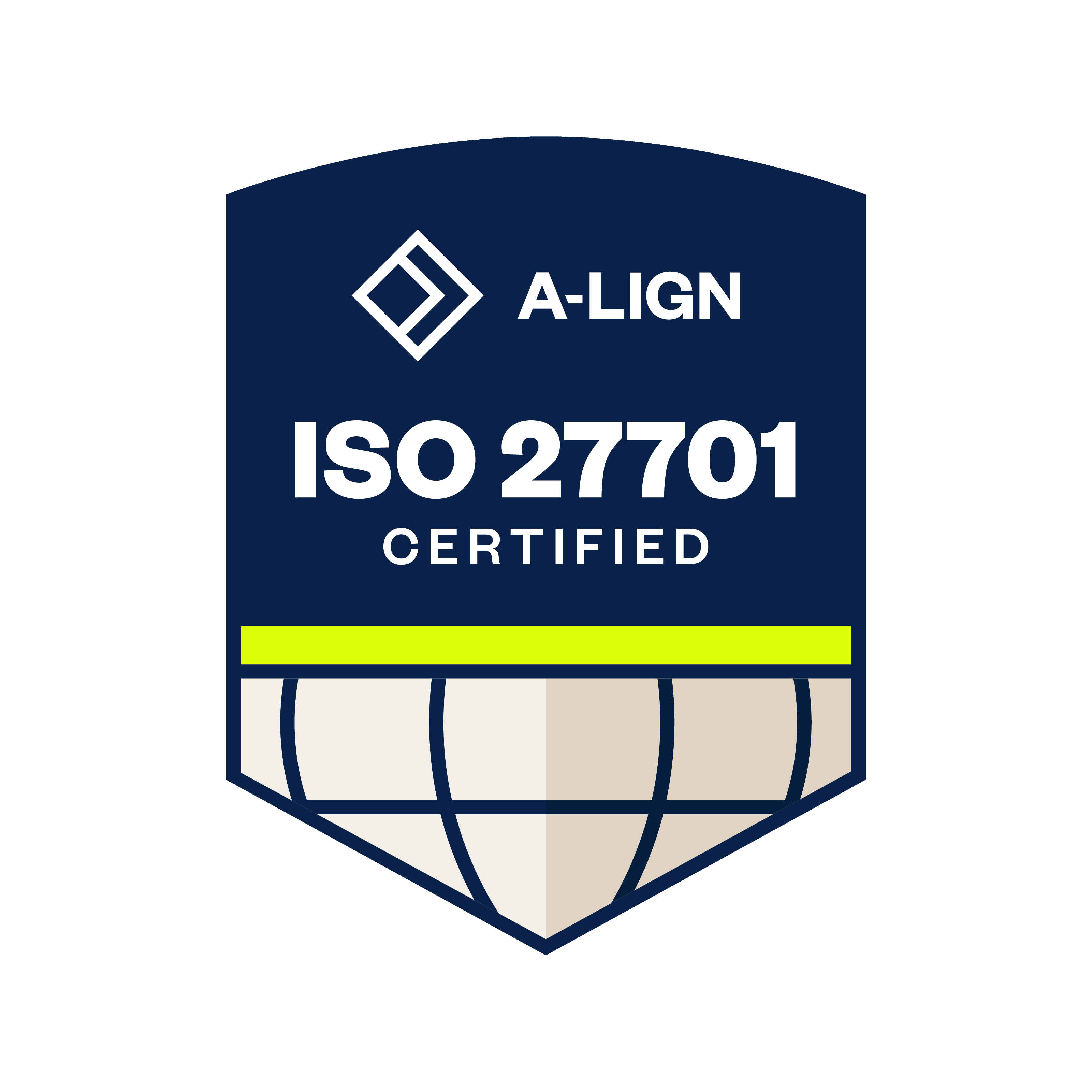 A-LIGN ISO 27701 Certified badge, navy blue shield with globe graphic and yellow stripe.