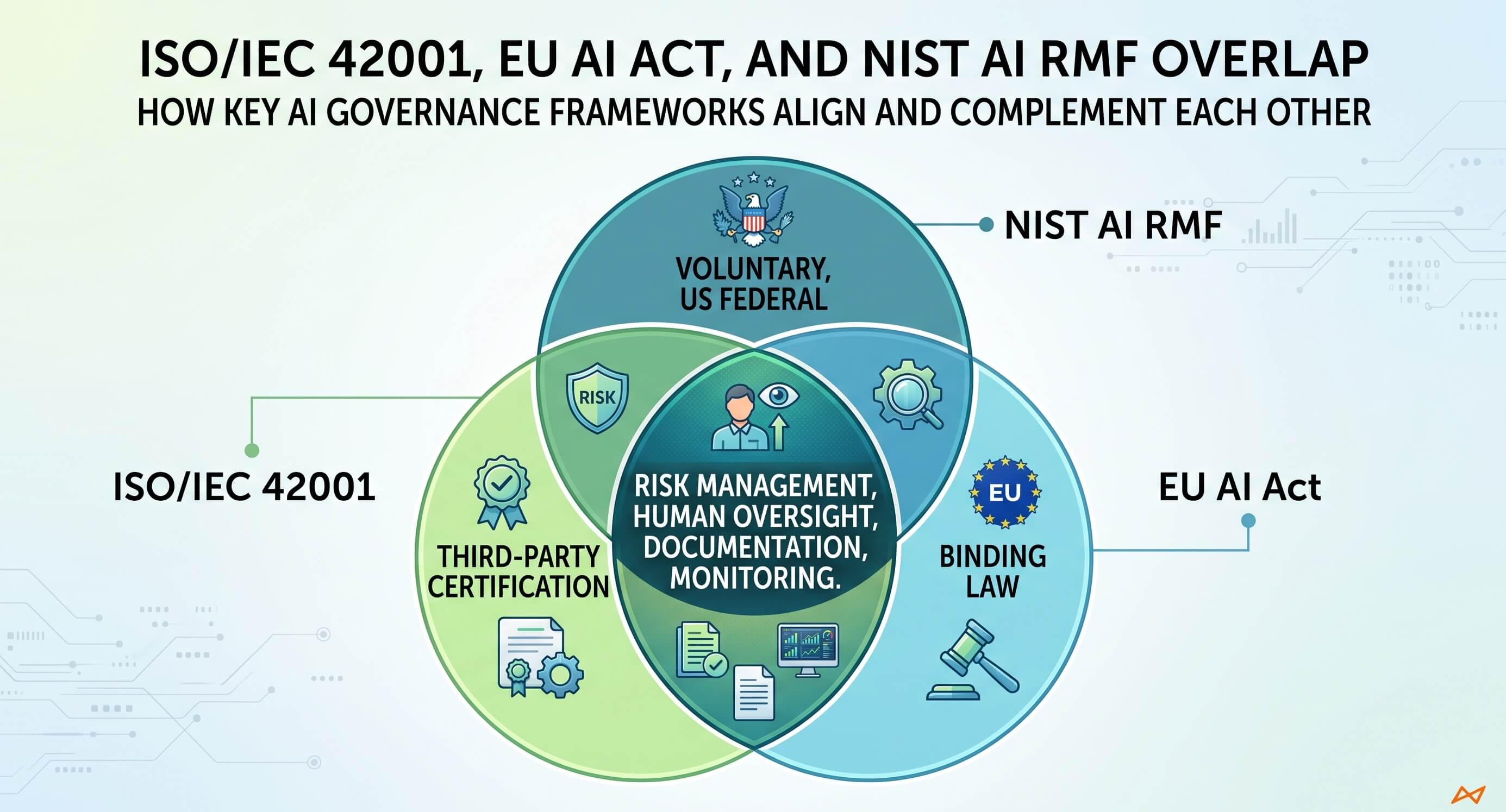 Venn diagram showing the overlap between ISO 42001, the EU AI Act, and NIST AI RMF