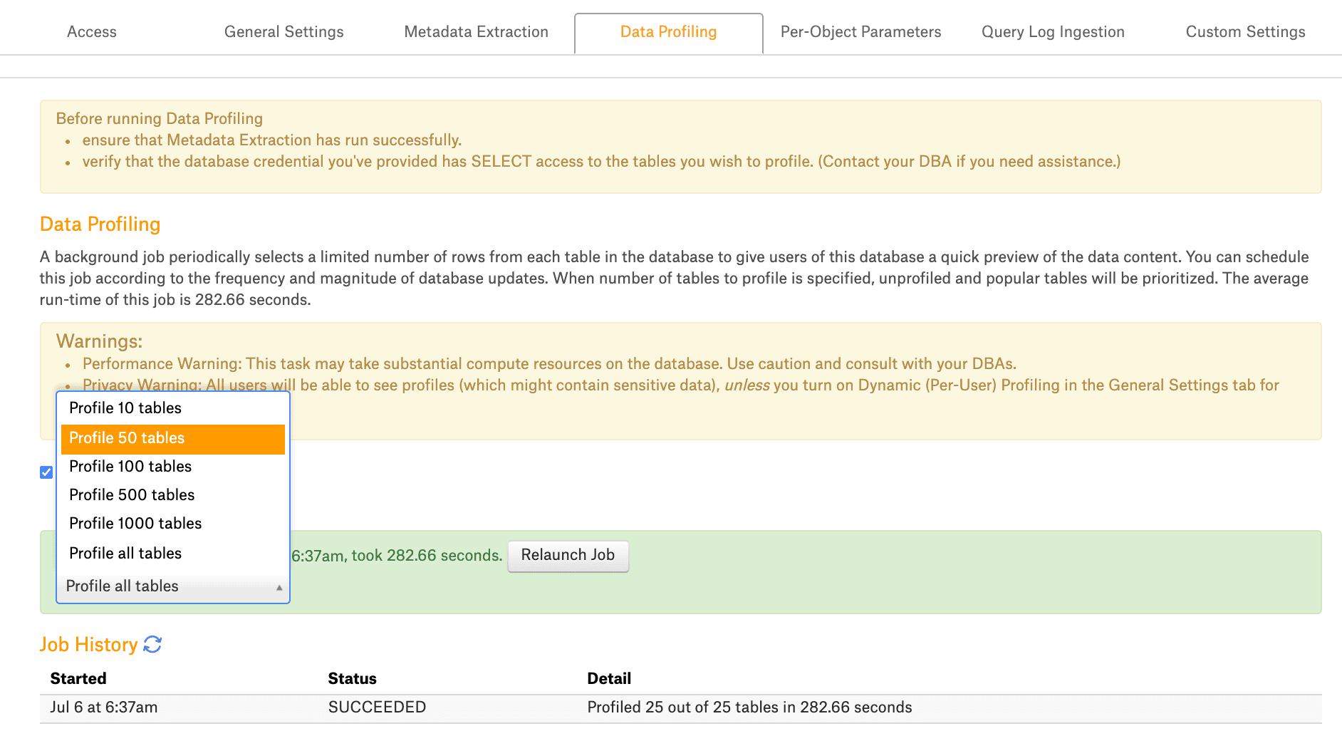 Selecting the number of tables to sample in Alation’s Data Profiling tab under Settings