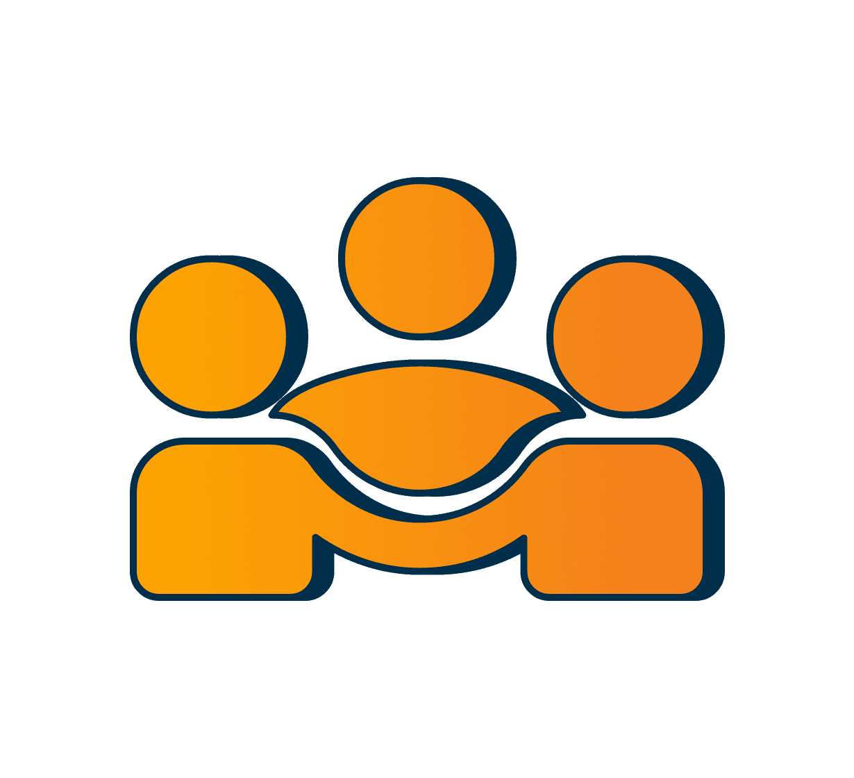 Orange icon showing three stylized people figures in a group, representing teamwork or community.