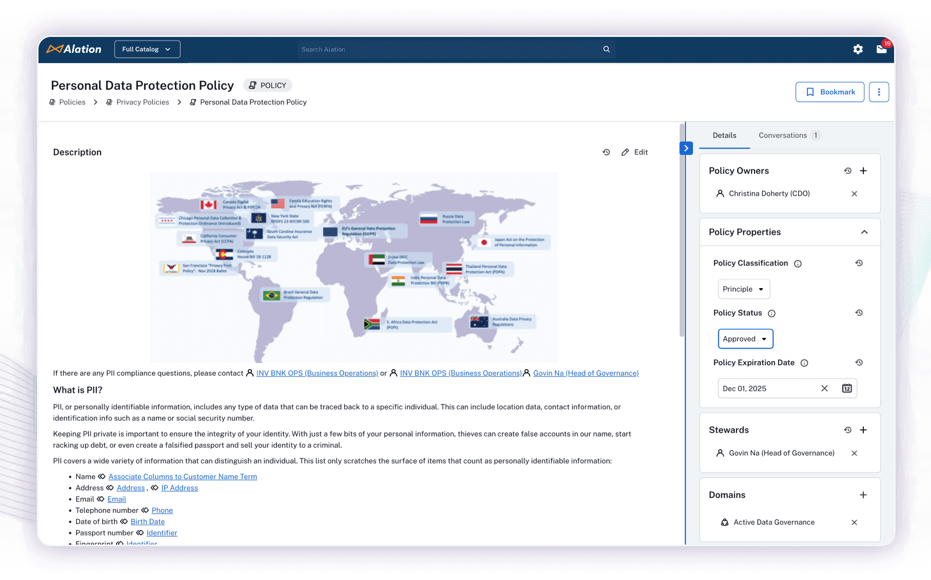Dashboard of Alation’s data catalog policy center enabling governance leaders to enforce data policies at scale.