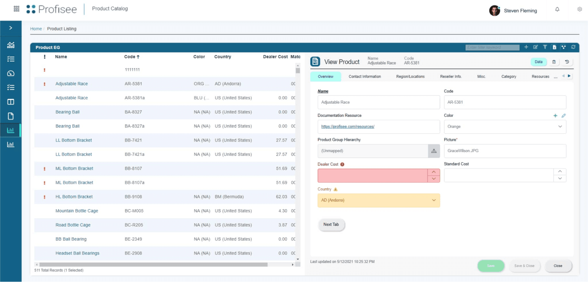 Profisee’s product catalog interface shows data entry fields, validation alerts, and mapped product records.