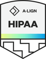 A-LIGN HIPAA compliance badge with a shield shape, featuring a diamond logo and colorful accent stripe.