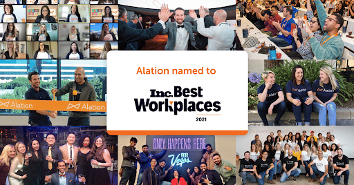 A collage of Alation’s team, the Alationauts, with the “Inc. Best Workplaces 2021” logo in the middle.
